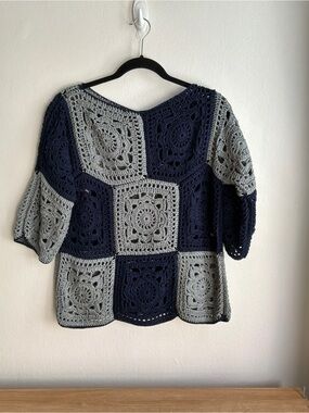 Crochet Square-Panel Scoop Neck Sweater - Navy & Gray